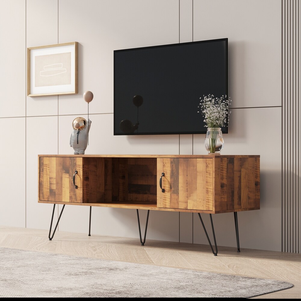 TV Media Stand  60 inch Wide   Modern Industrial  Living Room Entertainment Center  Storage Shelves and Cabinets