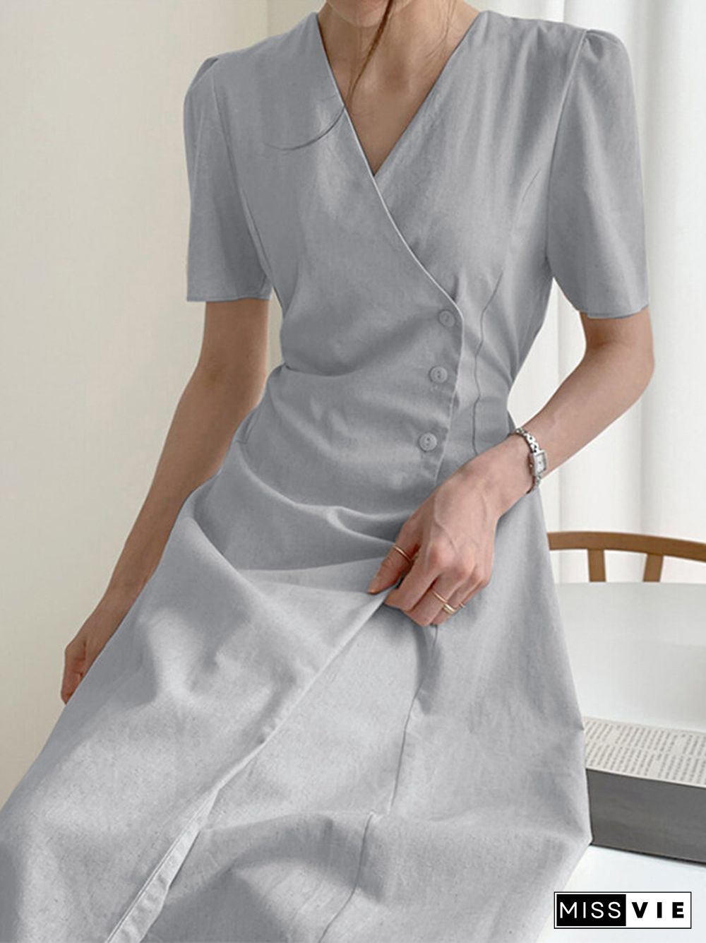 Solid Warp Button Front V-neck Short Sleeve Casual Dress