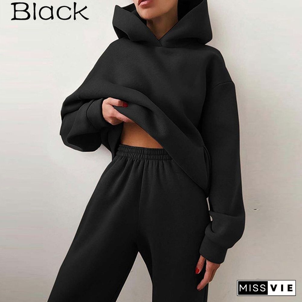 Women Casual Sets Warm Hoodie Sweatshirts And Long Pant Solid Color Tops+ Leggings Loose Ladies Sport Suit Tracksuit Sportwear Two Piece Sets Outfit Playsuit Size S-3Xl