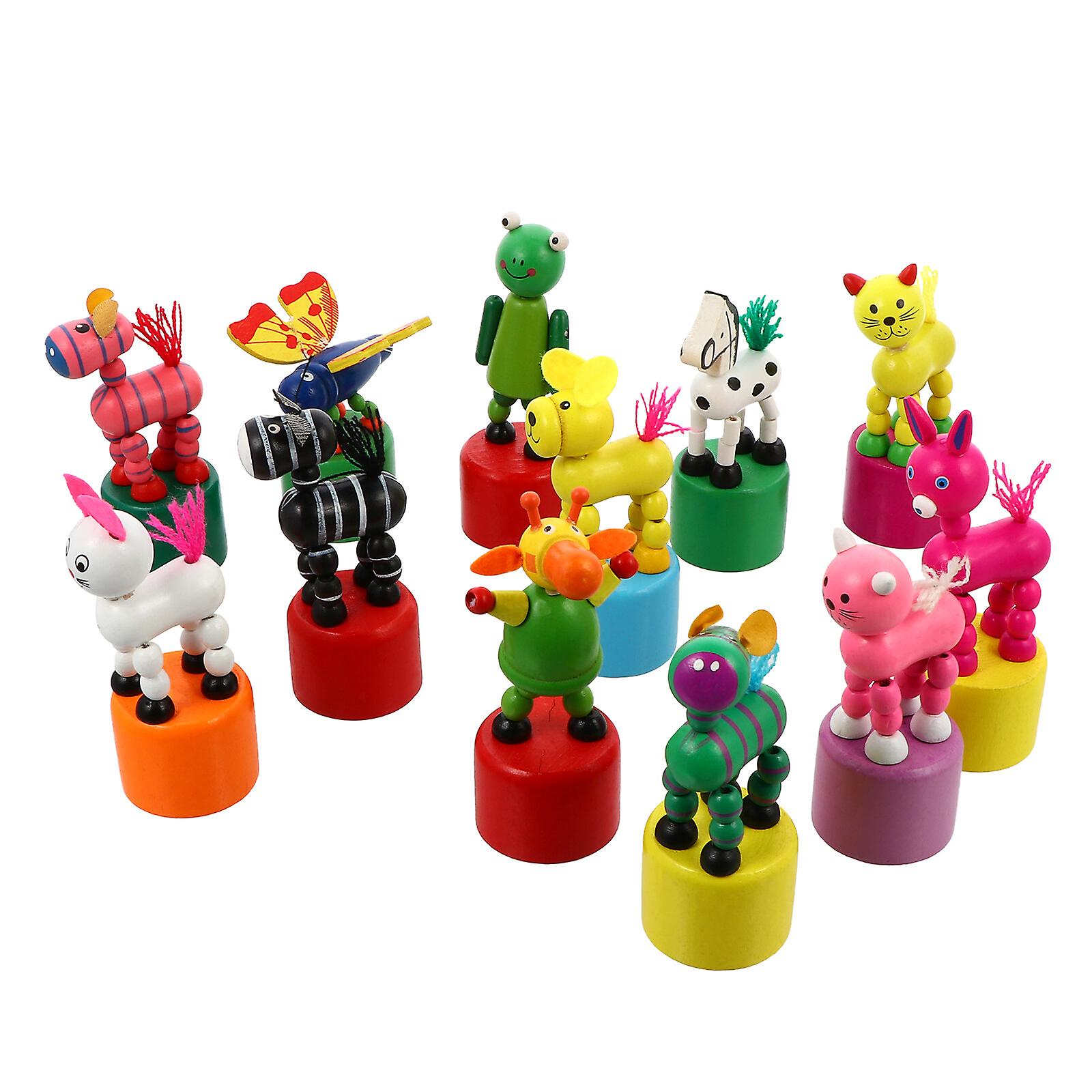 12pcs Kids Animal Push Up Press Base Toy Rocking Wooden Puppet Toy Random Style