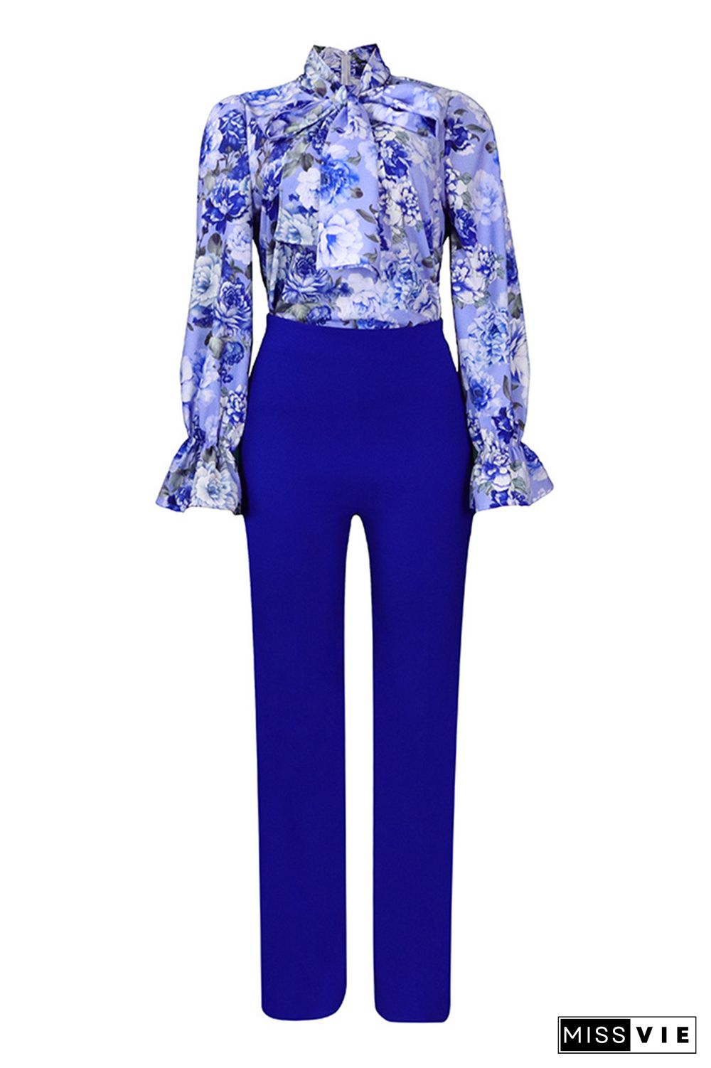 Floral Print Tie Neck Blouse & Pants Set