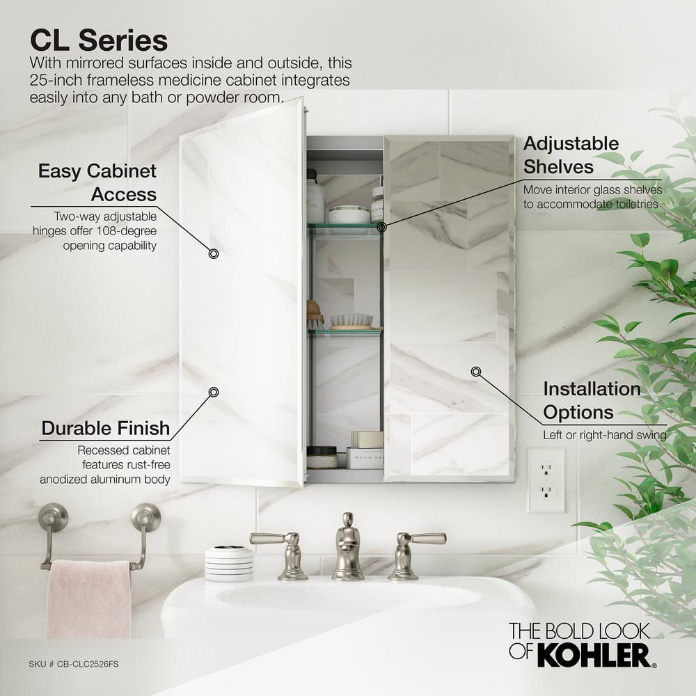 KOHLER Double Door 25 in W x 26 in H x 5 in D Aluminum Cabinet with Square Mirrored Door in Silver