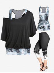 Skew Neck Batwing Sleeve Tee and Tie Dye Racerback Tank Top Set and High Waist Heart Floral Print Capri Leggings Plus Size