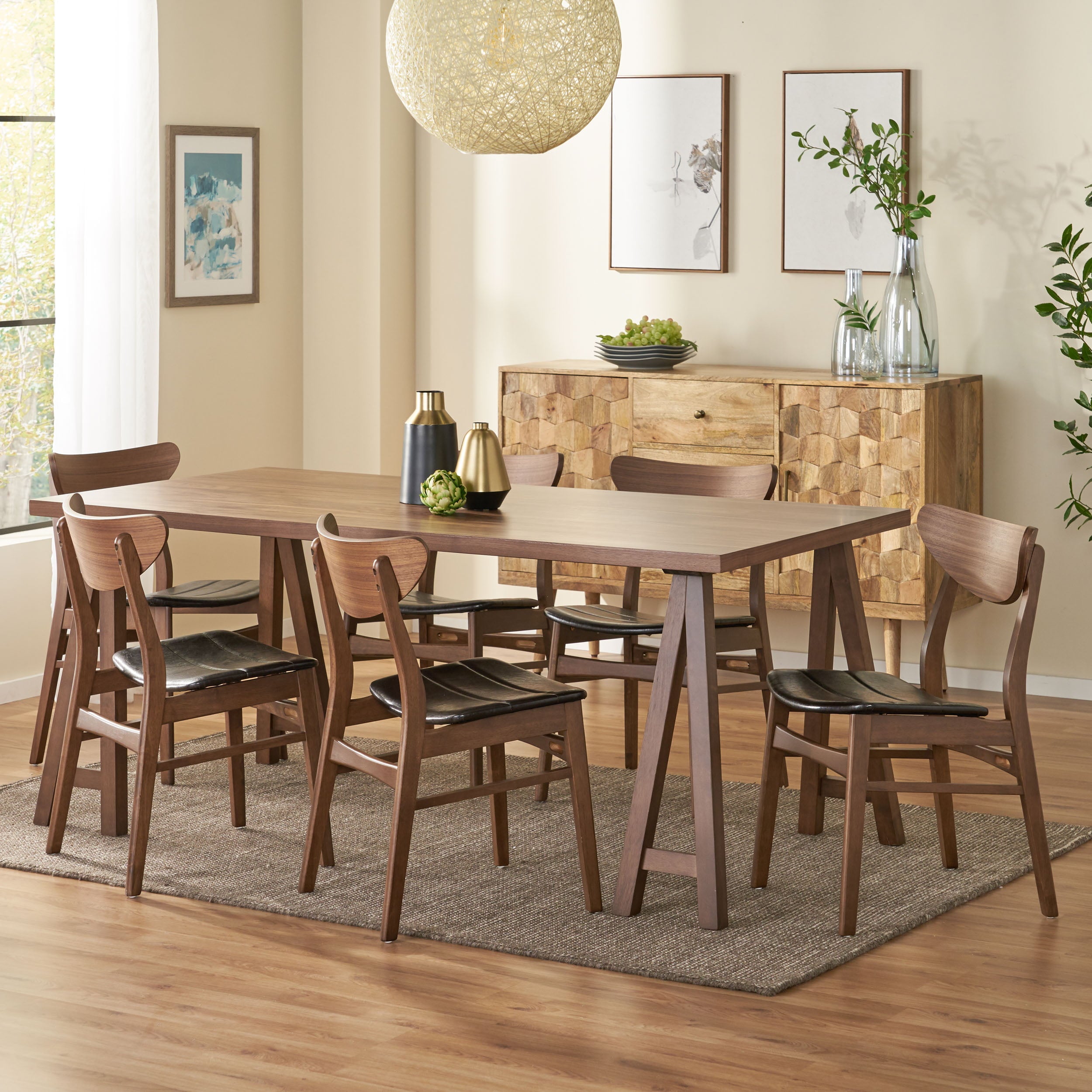 Noble House Ava Faux Wood Dining Set, Dark Brown, Walnut