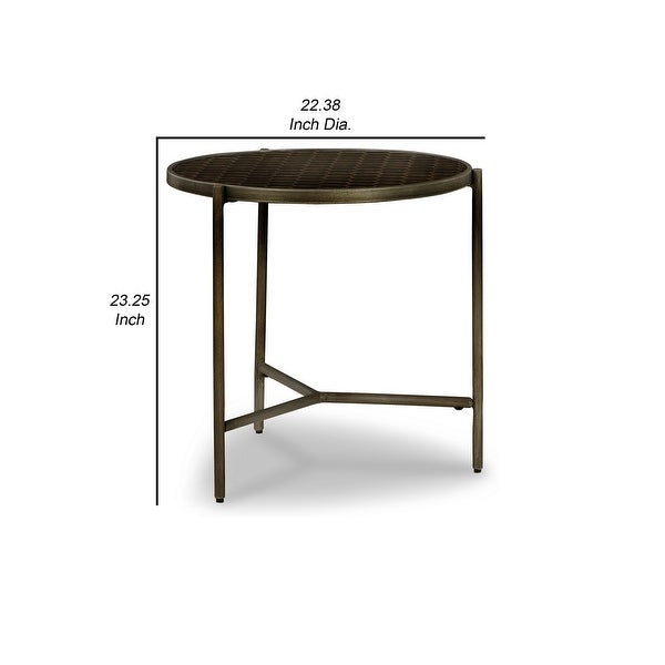 Gus 23 Inch Modern Side End Table， Round Honeycomb Top， Brown Wood， Metal