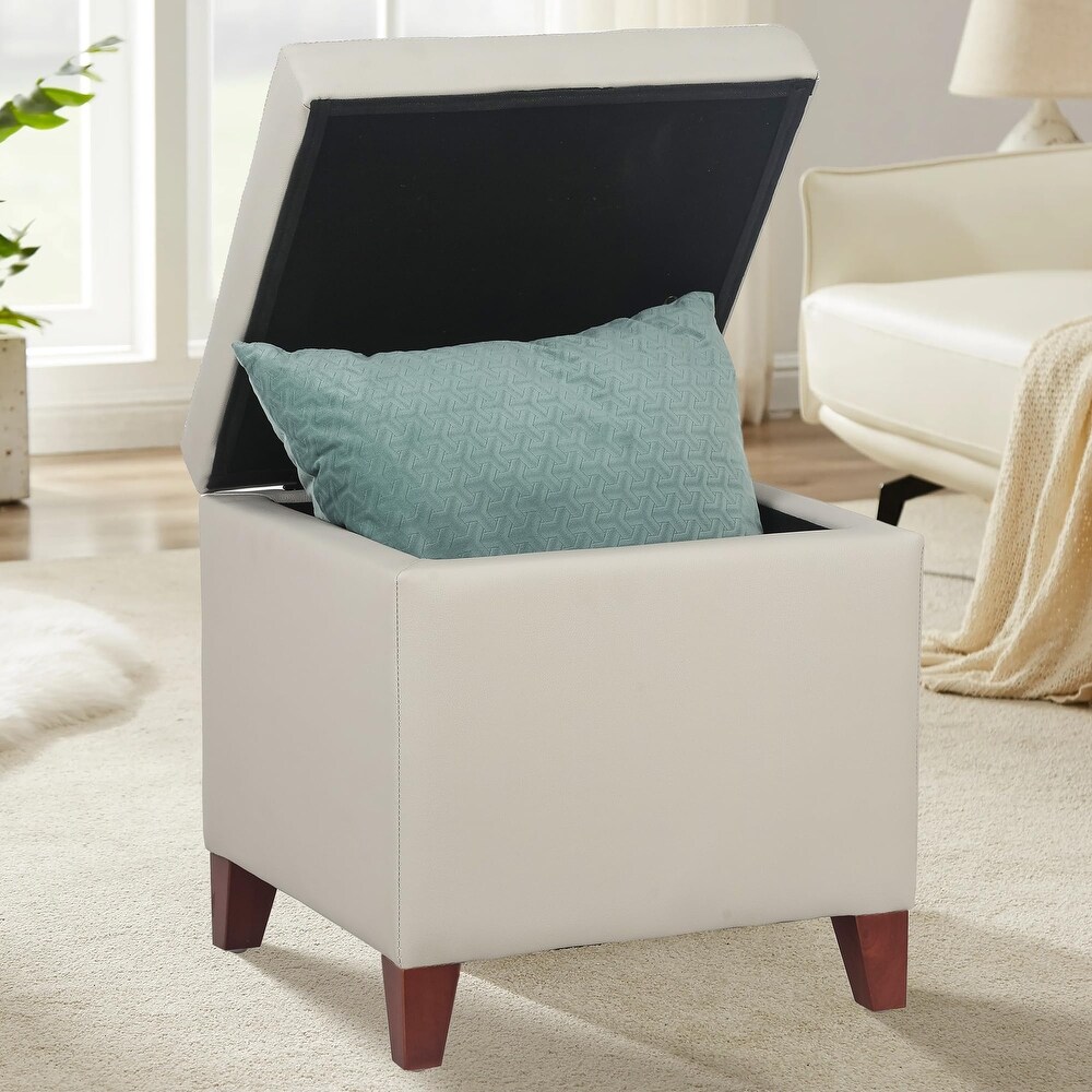 PU Storage Ottoman  Upholstered Square Faux Leather Foot Rest   Flip Top Footstool with Wood Legs  Small Cube Table Extra Seat