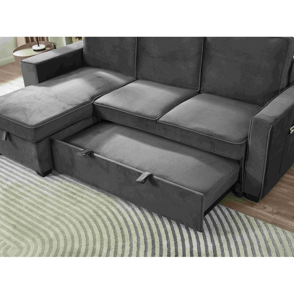 Velvet Sectional Sofa Reversible Chaise with Pull out Sleeper