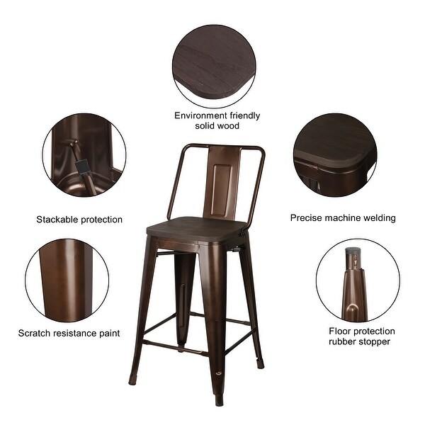 24 inch High Back Metal Stool with Dark Wooden Seat-Set of 4