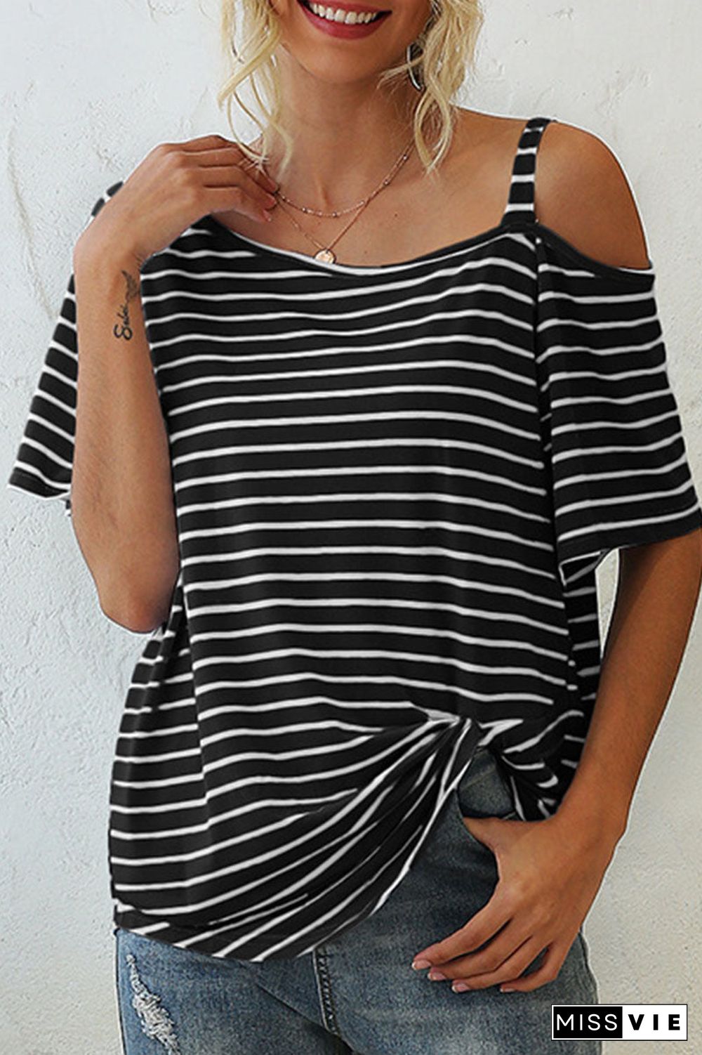 Fashion Street Striped Oblique Collar T-Shirts