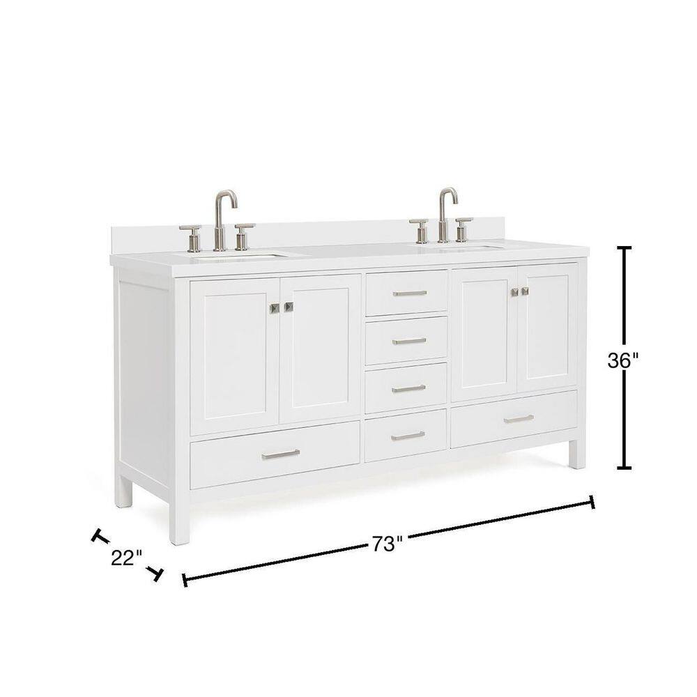 ARIEL Cambridge 73 in. W x 22 in. D x 35 in. H Bath Vanity in White with Quartz Vanity Top in White with White Basin A073DWQRVOWHT