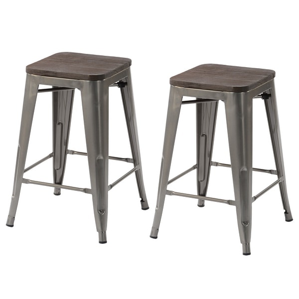 Homy Casa Stackable Metal Counter Stools with Solid Wood Seat