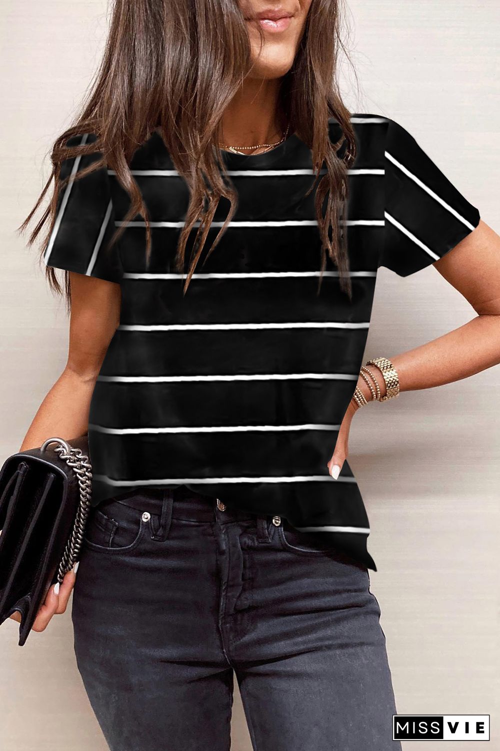 Black Round Neck Striped Print T-shirt