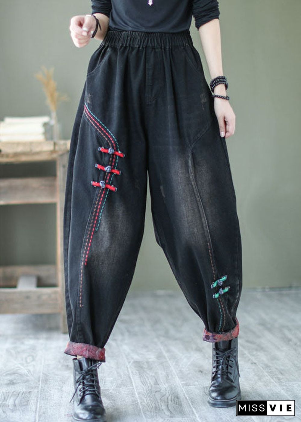 Natural Black Button denim harem Pants Spring