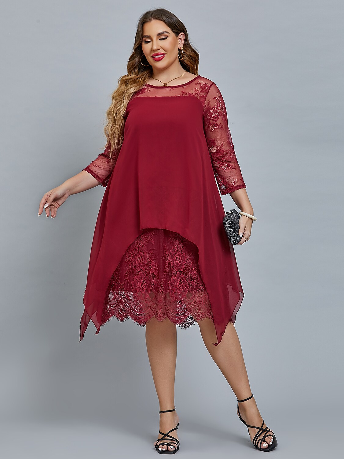 Women's Plus Size Curve Party Dress Floral Crew Neck Lace 3/4 Length Sleeve Winter Fall Elegant Prom Dress Midi Dress Party Cocktail Dress Dress / Lace Dress / Mesh