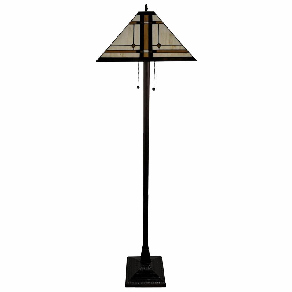 HomeRoots 478077 62 in. Two Lights Traditional Shaped Floor Lamp with Brown & White Stained Glass Cone Shade&#44; Brown