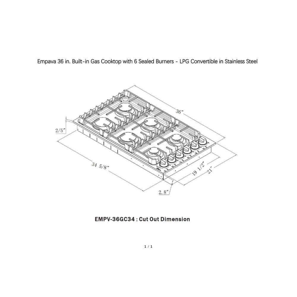 Empava Builtin 36 in Gas Cooktop in Stainless Steel with 6 Burners Gas Stove including Power Burners and Side Control Knobs