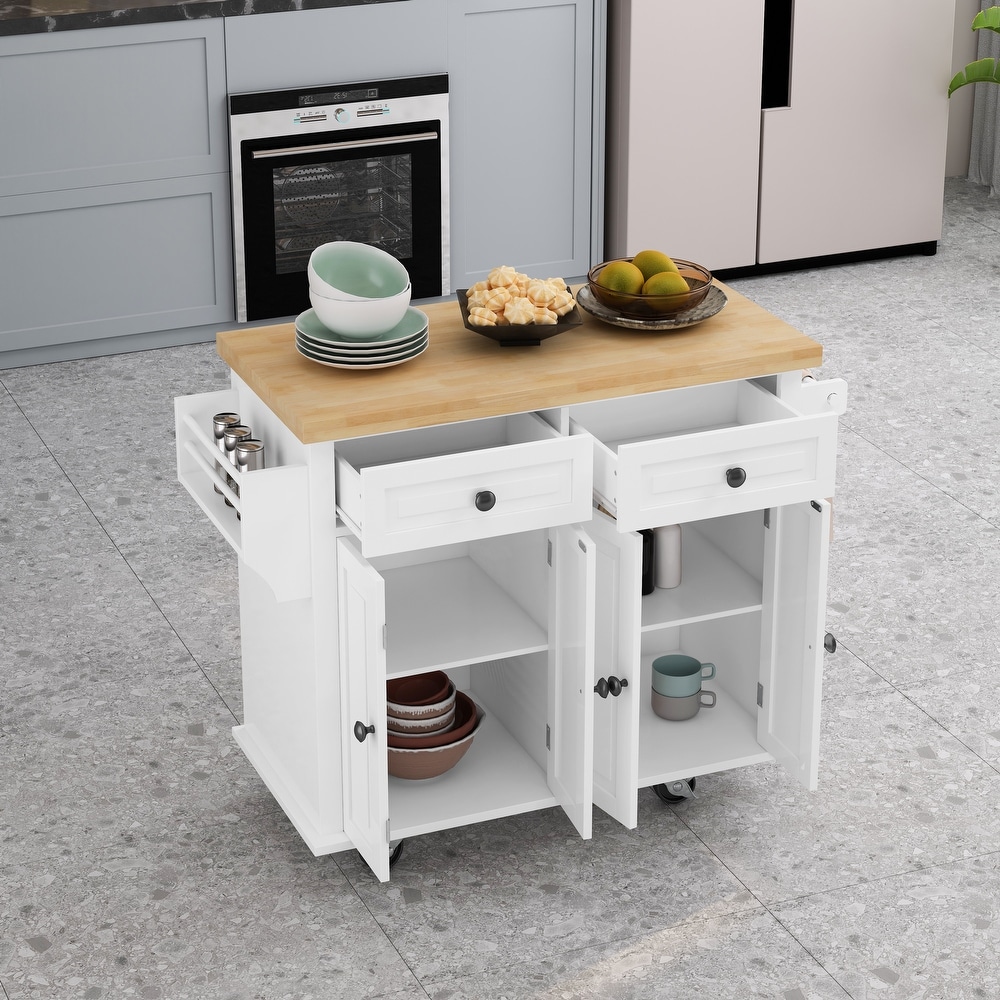 Kitchen Island Cart with Storage Cabinets and Locking Wheels  Wood 4 Door Cabinet and Two Drawers  Spice Rack Towel Rack