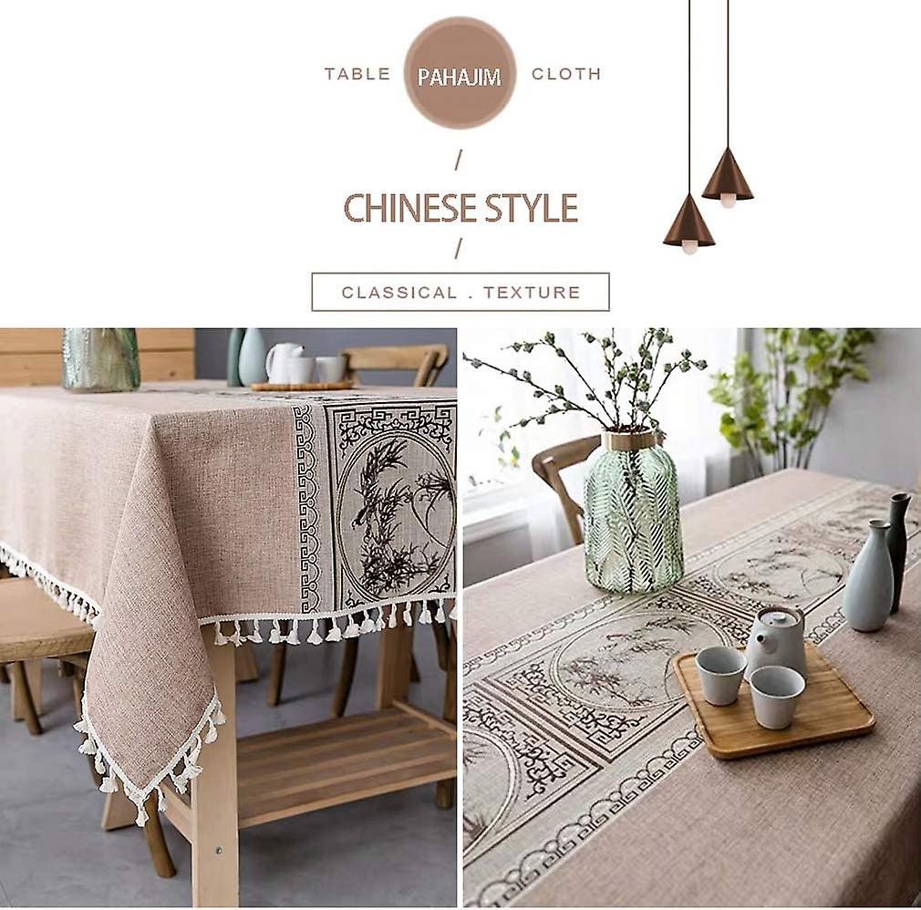 Vintage Cotton Linen Table Cloth Rectangle Dust-proof Tablecloth Stitching Tassel Embroidered Tablecloth For Kitchen Dining (pink Brown， Chinese Style