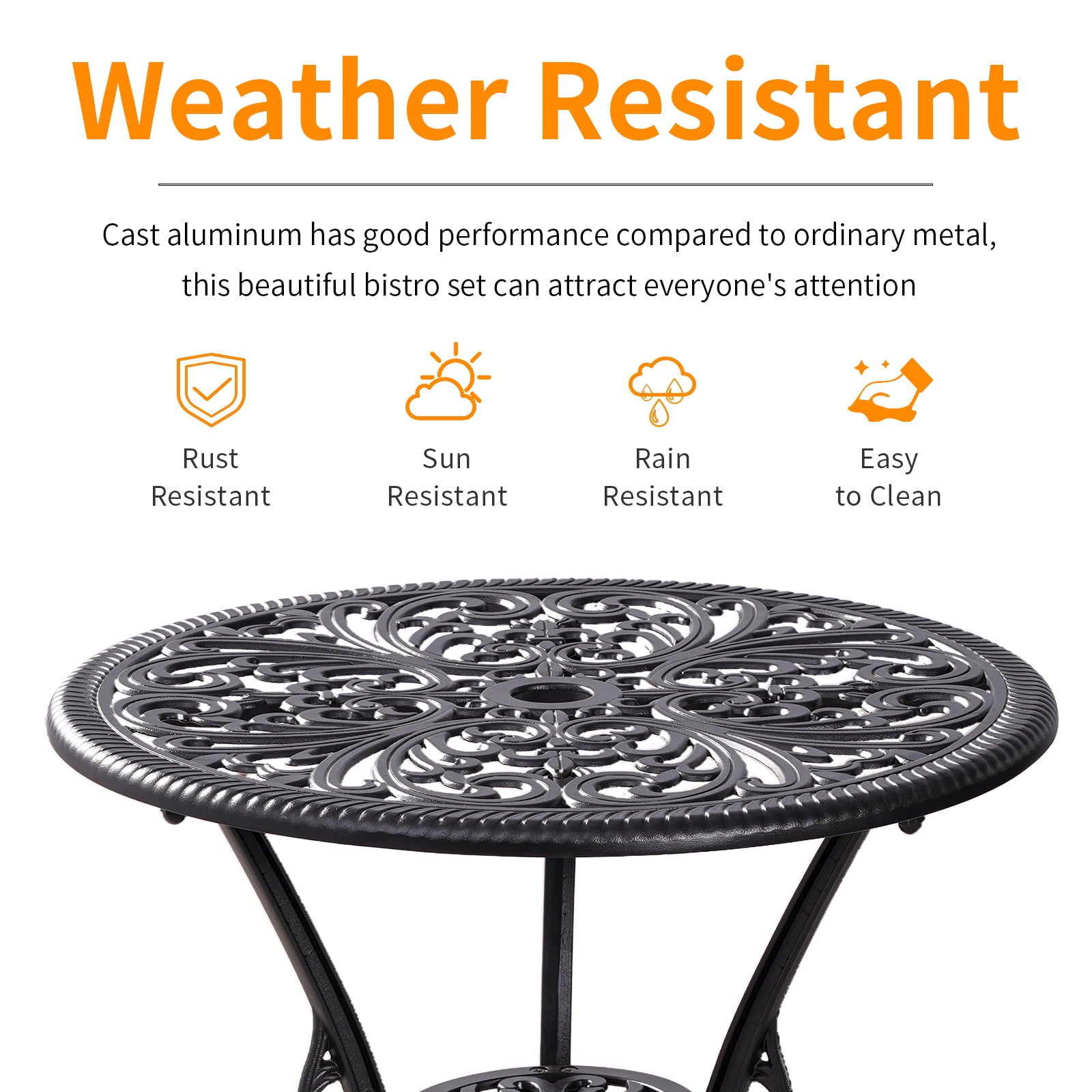 Withniture 3 Piece Patio Bistro Sets Cast Aluminum Bistro Table Set Outdoor Patio Furniture with Umbrella Hole for Patio Set Black