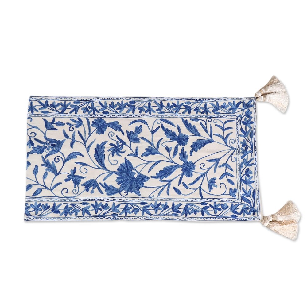 Novica Handmade Kashmir Leaves In Blue Chain Stitched Cotton Table Runner