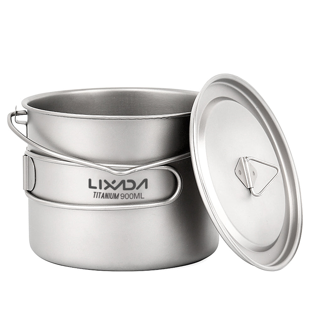 Lixada 750ml900ml1100ml Lightweight Titanium Pot with Folding Spork for Outdoor Camping Hiking Backpacking Picnic