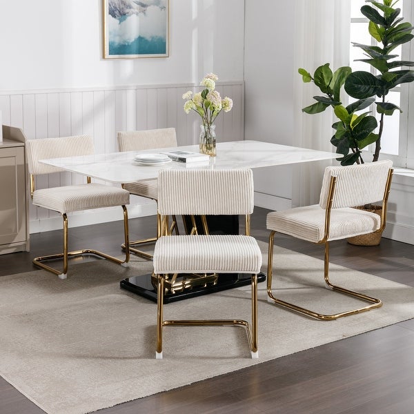 Modern Dining Chairs with Corduroy Fabric，Gold Metal Base， Accent Armless Kitchen Chairs with Channel Tufting，Set of 2