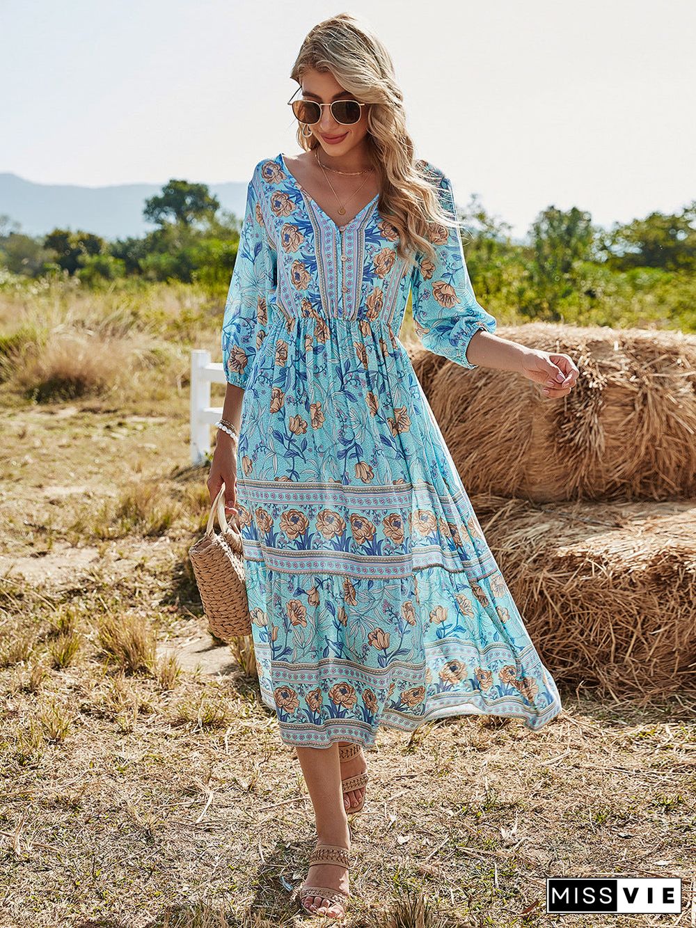 Button Up Elastic Waist Flowy V Neck Maxi Dress