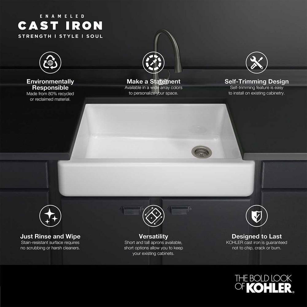 KOHLER Whitehaven Undermount Farmhouse Apron Front Self-Trimming Cast Iron 32.5 in. Single Bowl Kitchen Sink in White K-5826-0