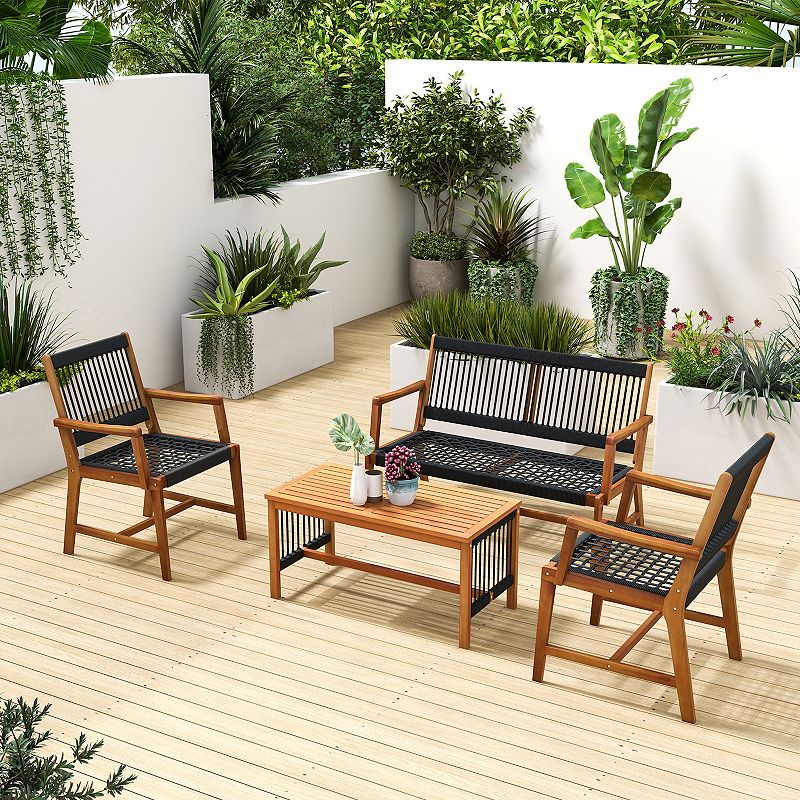 4 Pieces Acacia Wood Patio Conversation Table and Chair Set with Hand Woven Rope