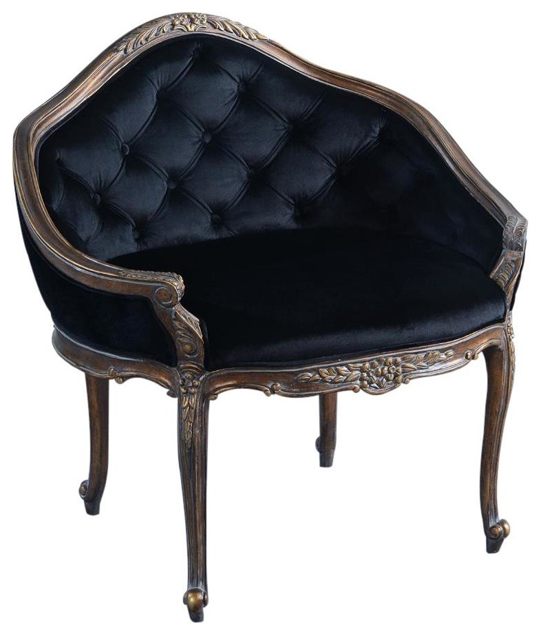 Settee Caroline Hand Carved Wood Antiqued Gold Black Velvet Button   Victorian   Armchairs And Accent Chairs   by EuroLuxHome  Houzz