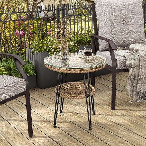 Dana Boho 19inch Outdoor Patio Wicker Round Coffee Table with Tempered Glass Top and Metal Legs by MandL Co.