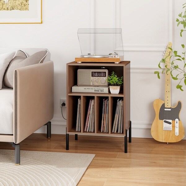 Record Player Stand with Record Storage Shelf and Charging Station