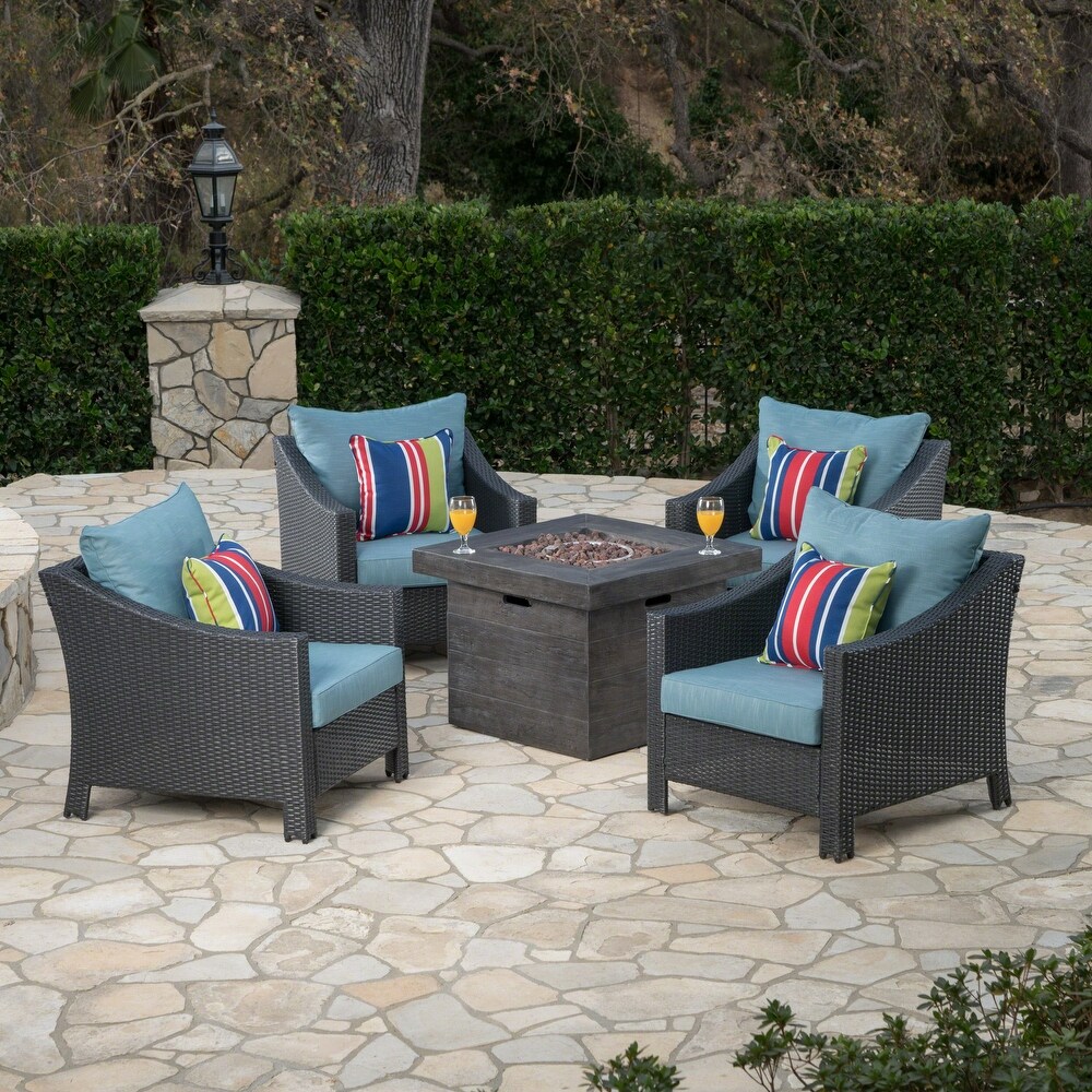 Antibes Outdoor 5 piece Wicker Club Chair Set with Square Firepit by Christopher Knight Home