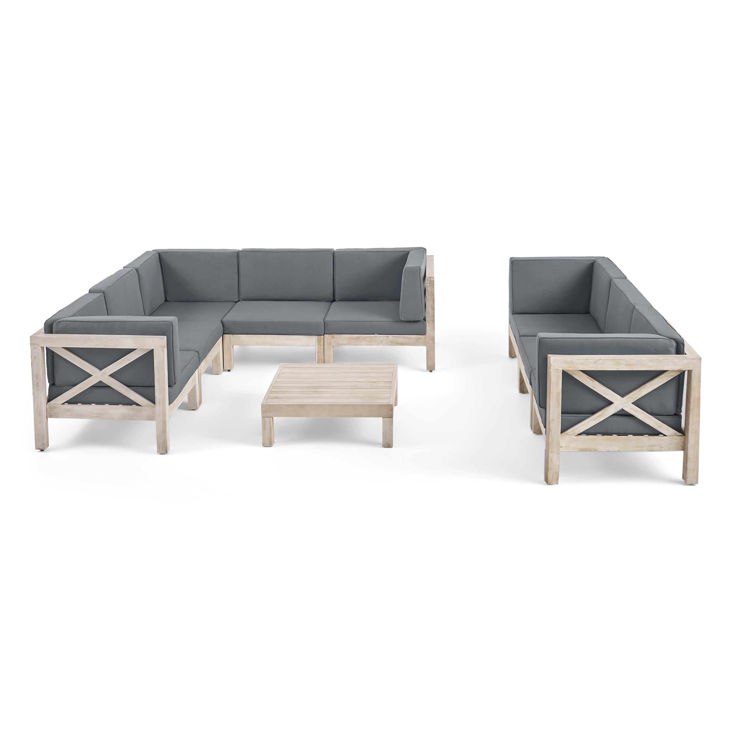 Cynthia Outdoor Acacia Wood 8 Seater Sectional Sofa Set with Coffee Table