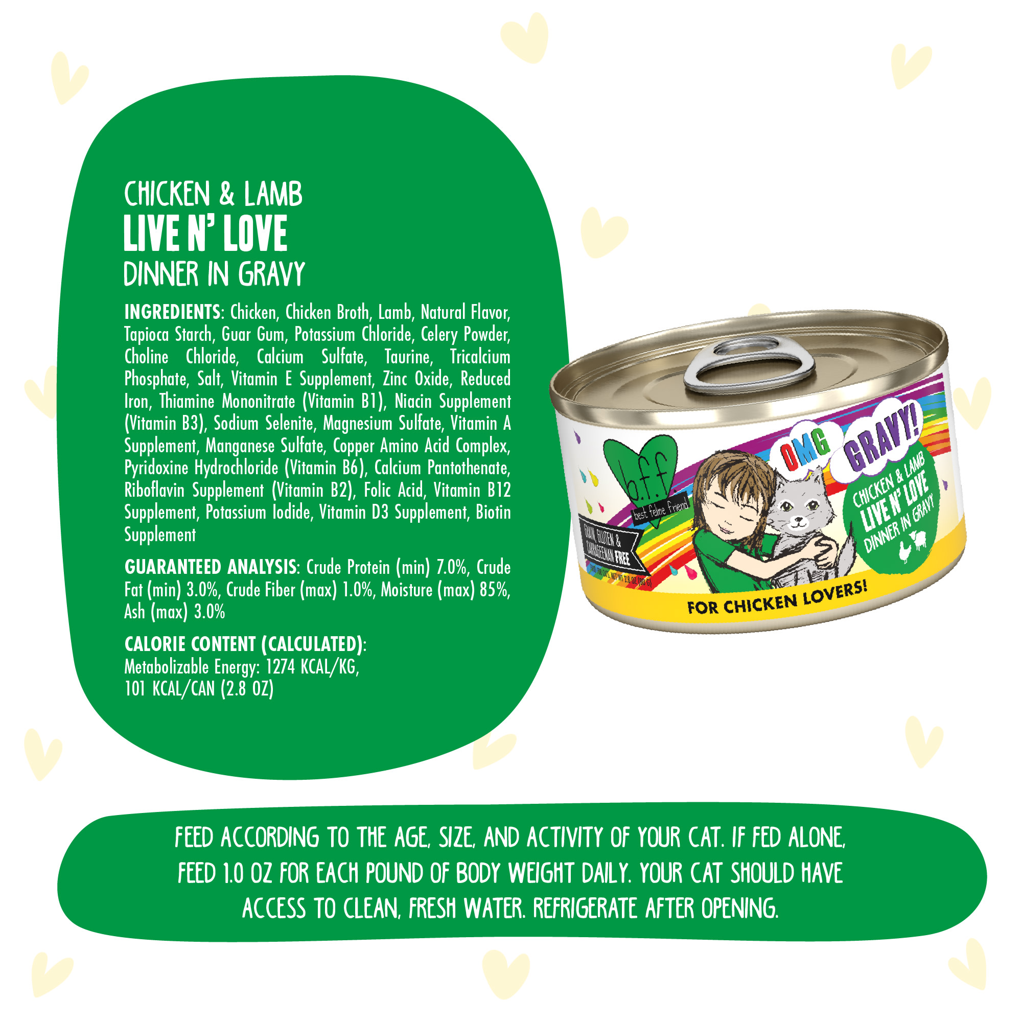 B.F.F. OMG Live N Love Chicken  Lamb Dinner in Gravy Wet Cat Food， 2.8 oz.， Case of 12