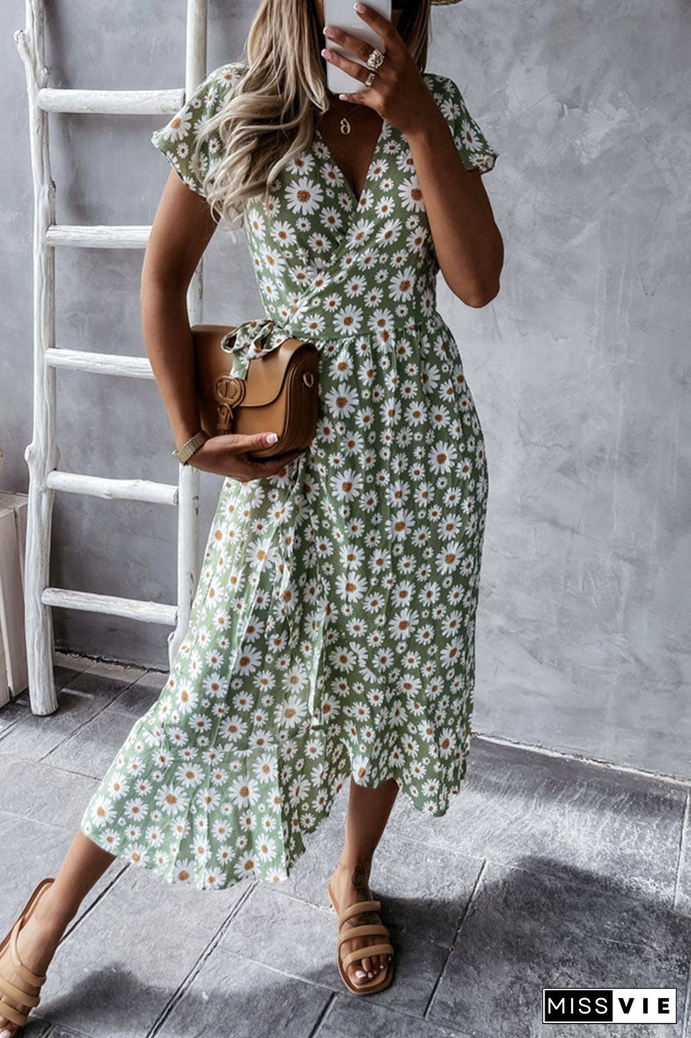 Fashion Bohemian Print Split Joint V Neck Irregular Dresses