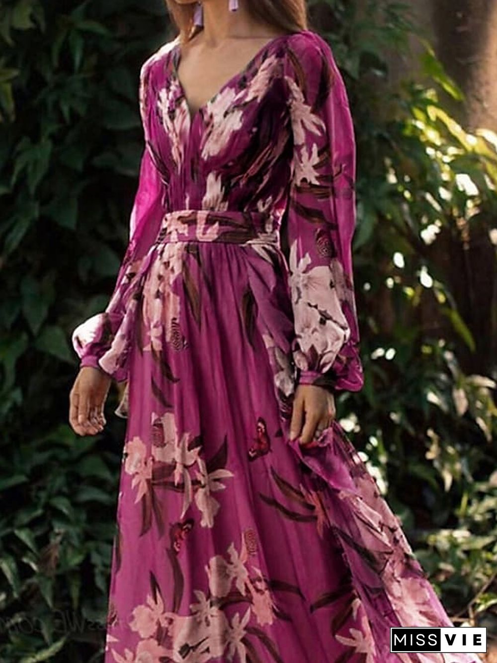 Women's Chiffon Dress Maxi long Dress Purple Long Sleeve Floral Color Block Summer V Neck Holiday Boho S M L XL XXL 3XL