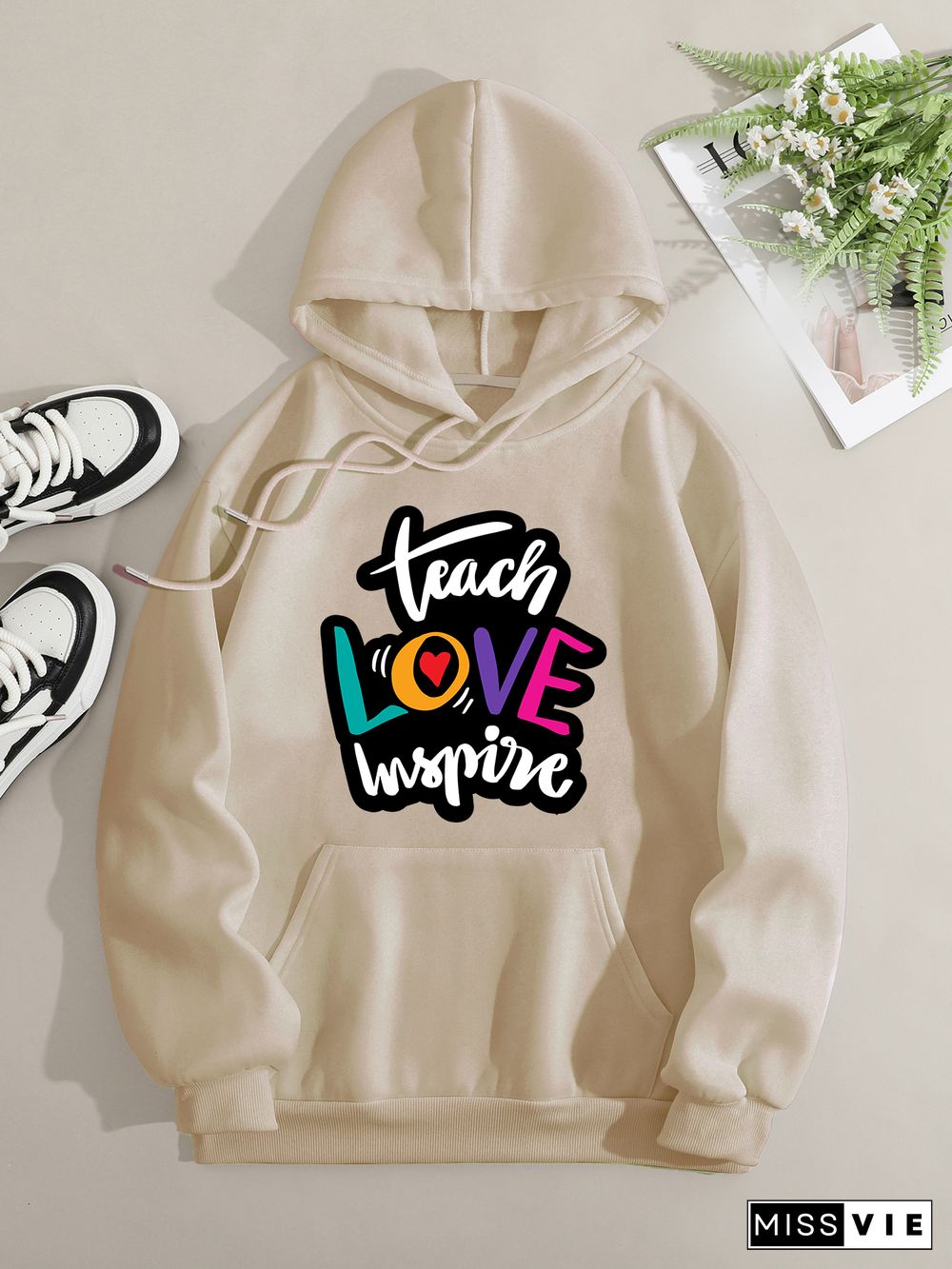 Printed on front Kangaroo Pocket Hoodie Long Sleeve for Women Pattern Teacher love imspure