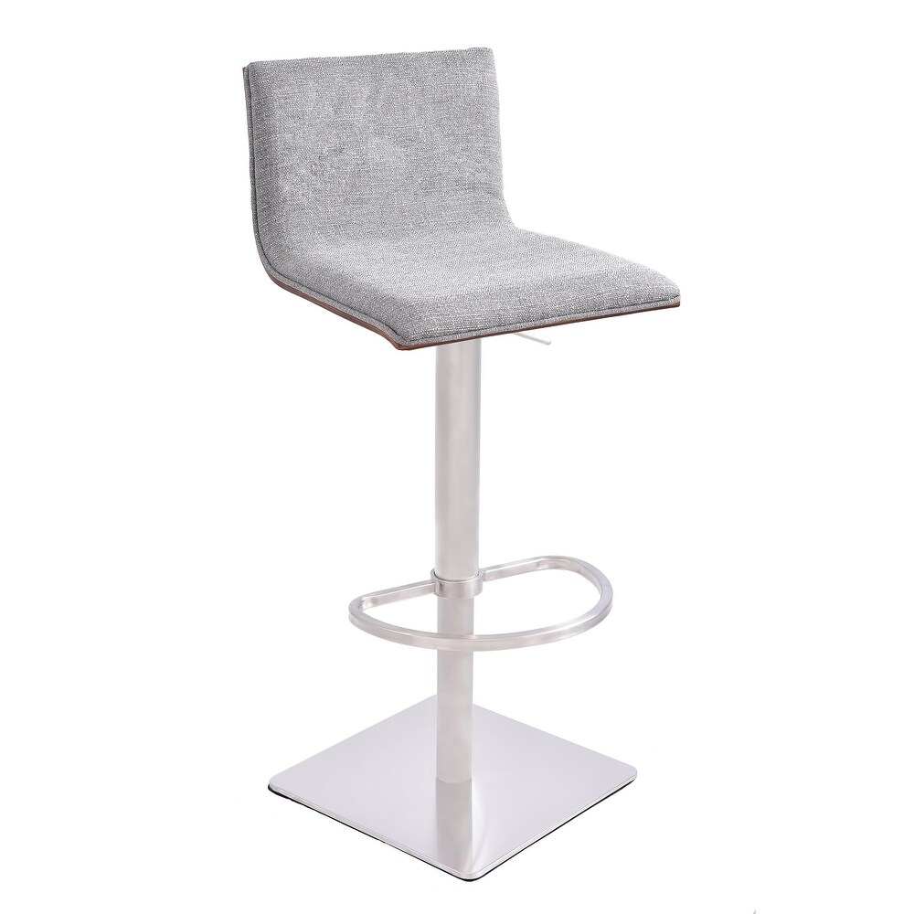 Armen Living Crystal Barstool in Brushed Steel finish with Grey Fabric upholstery and Walnut Back