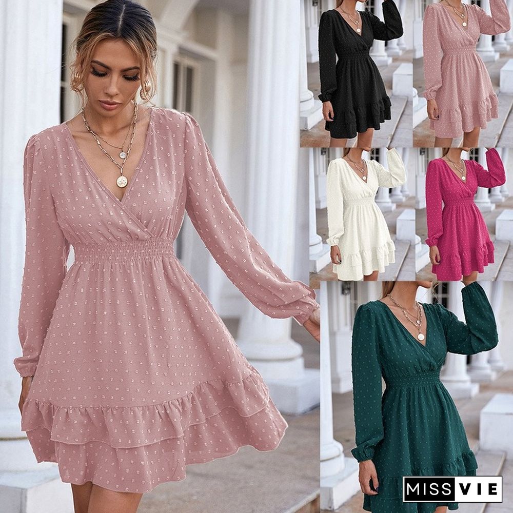 Spring Ruffled Mini Dresses Women Summer New V-neck Long-sleeved Slim A-line Dress Commuter Dress Women Vestidos Mujer