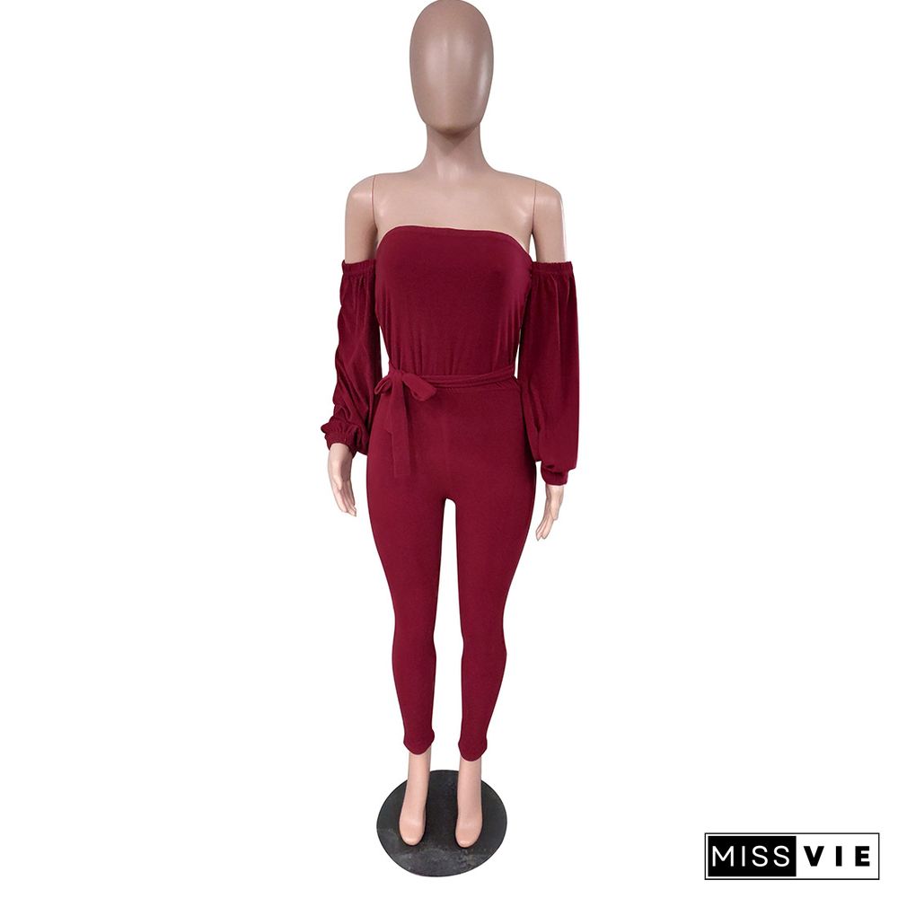 Sexy Solid Color One-word Shoulder Long Sleeve Jumpsuit