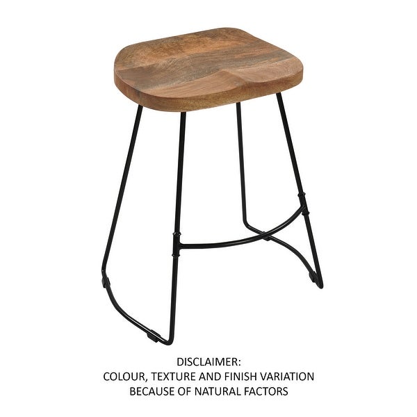 Tiva 24 Inch Handcrafted Backless Counter Height Stool， Brown Mango Wood Saddle Seat， Black Metal Base