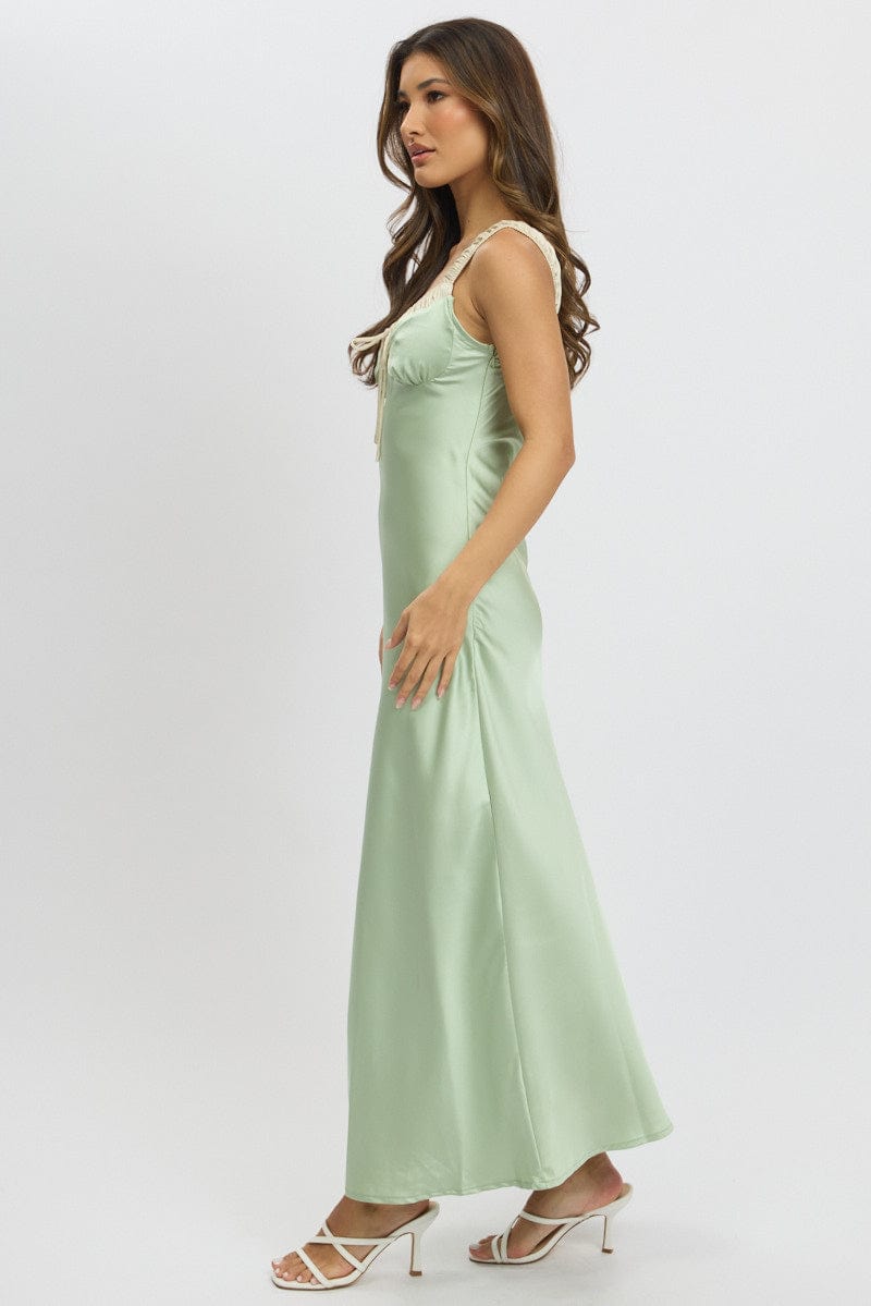 Green Midi Dress Elasticated Shoulder Strap Satin