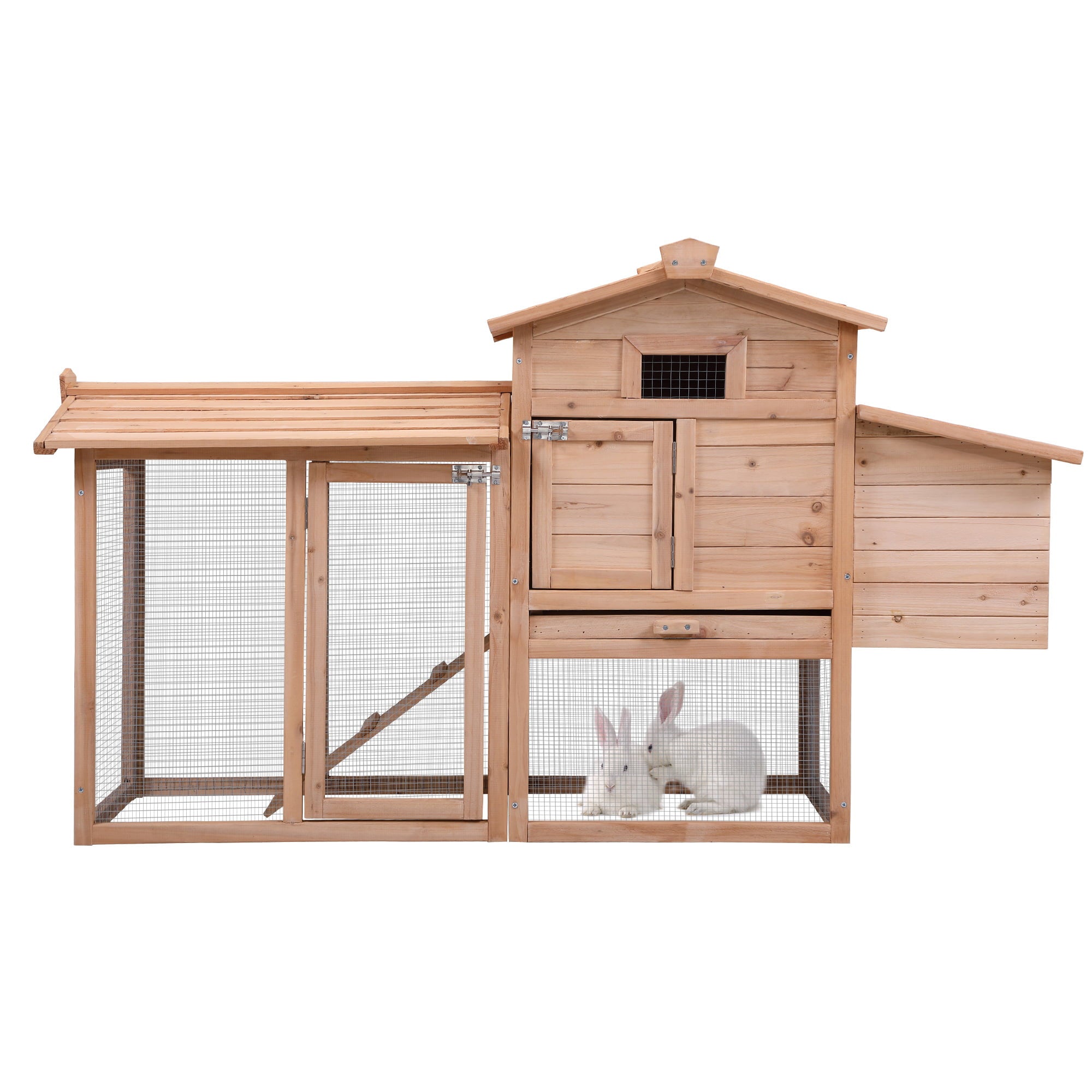 Officery Rabbit Hutch， Outdoor Wooden Pet Bunny House Wooden Cage with Ventilation Gridding Fences， Openable Door， Crib for 2 Rabbits， Original Wood