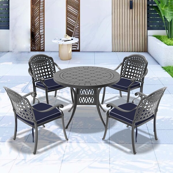 3/5 Piece Cast Aluminum Outdoor Dining Set with 39.37 in. Round Table and Random Color Seat Cushions