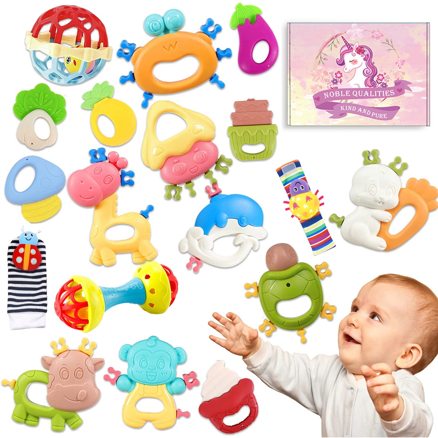 Sytle-Carry 18 Pcs Baby Rattles Toys， Baby Toys 6-12 Months， Infant Toys， Teething Toys， Girl Boy Gifts Set with Teethers and Wrist Socks