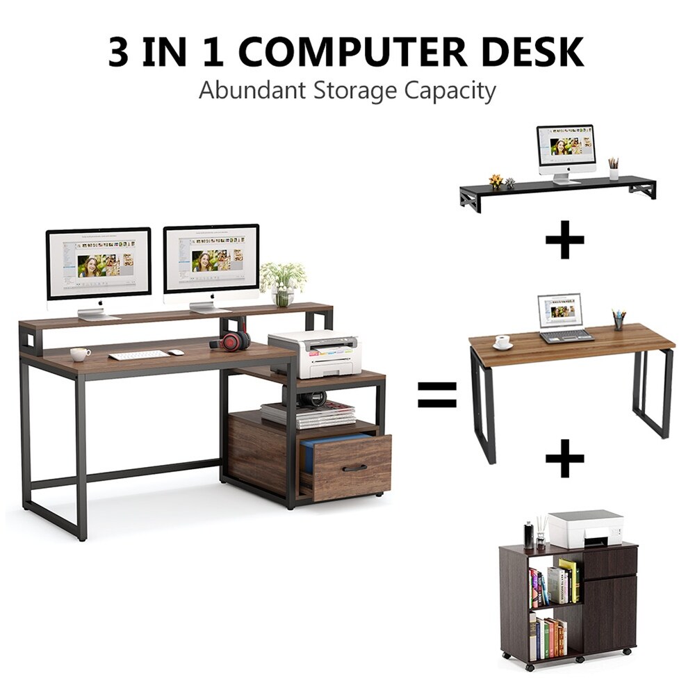 59'' Computer Desk with Drawer  Storage Shelves and Monitor Stand