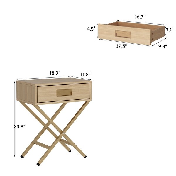 Contemporary Yellow Wood Side Table with Drawer and Wooden XLegs