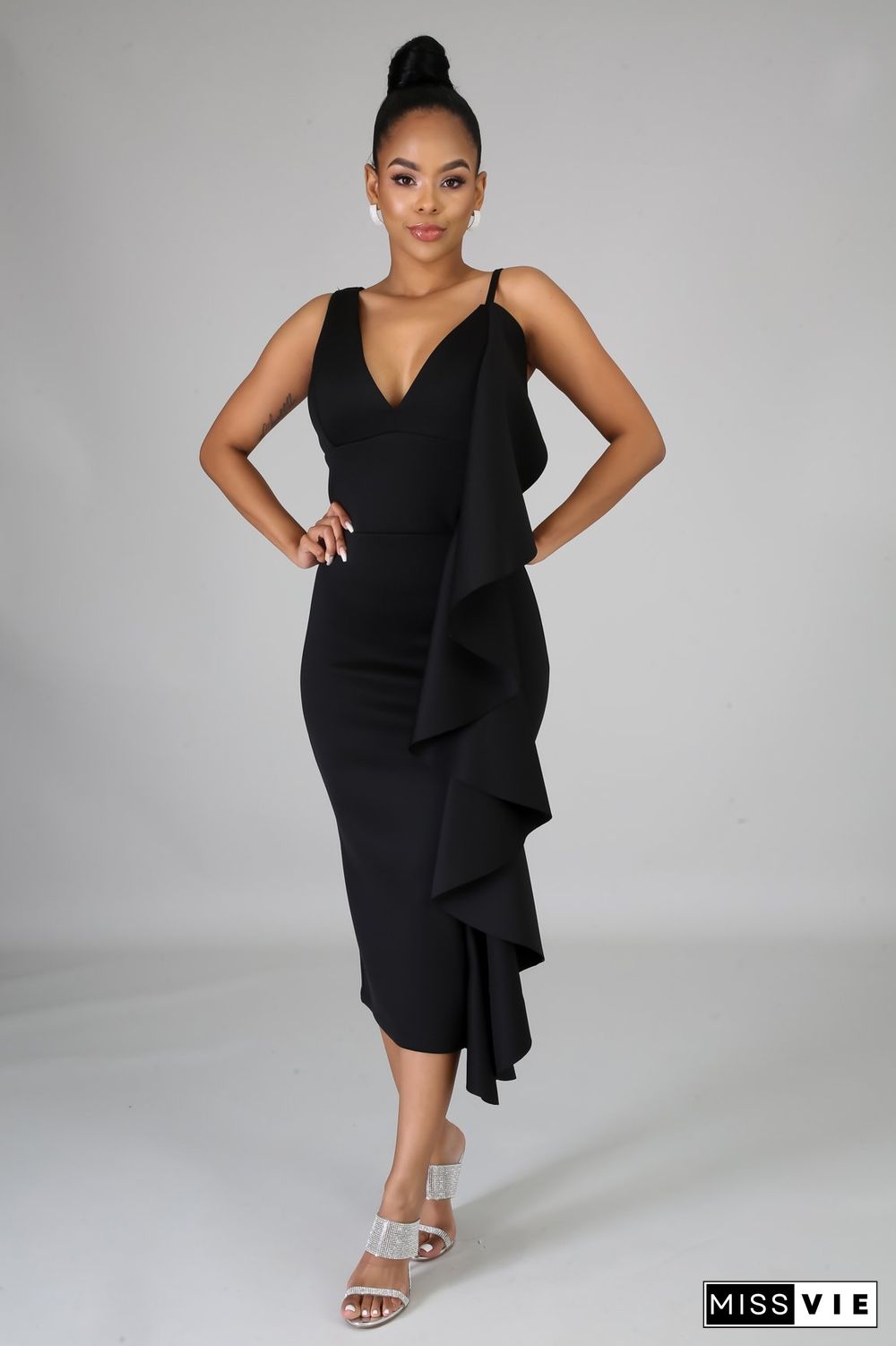 Irregular Ruffle Sleeveless Evening Dress