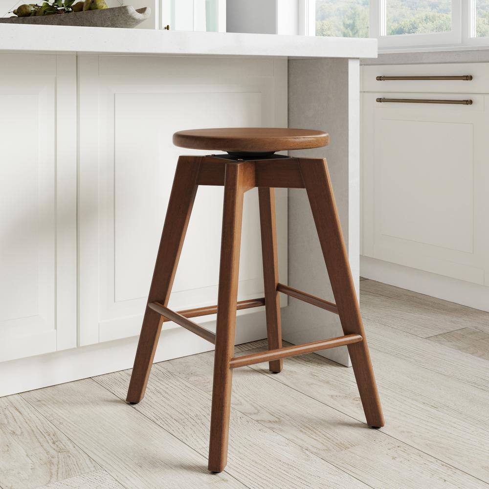 Nathan James Amalia 25 in. Antique Coffee or Brown Backless Counter Height 360 Swivel Seat Solid Wood Kitchen Bar Stool 23301